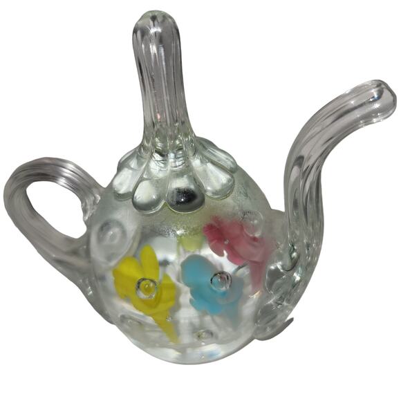 JOE ST CLAIR GLASS TEA POT RING HOLDER PAPERWEIGHT vanity jewelry multicolor - Picture 2 of 3